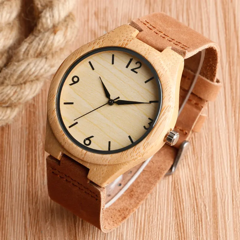 Часы наручные мужские деревянные модные с бамбуковым циферблатом оригинальные