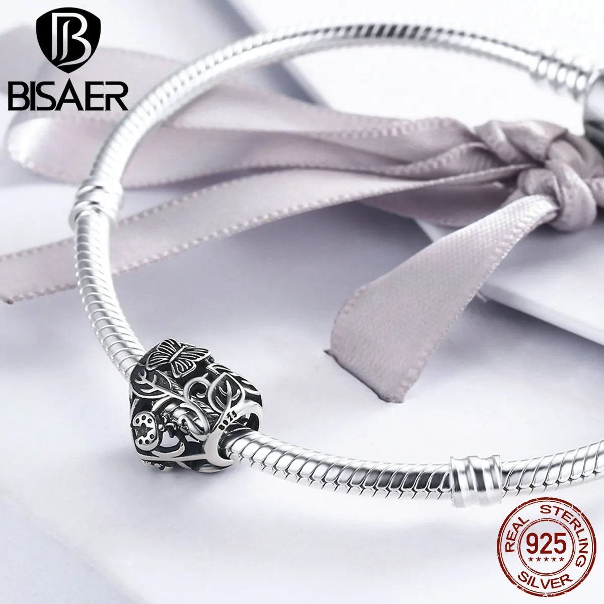 BISAER, 925 пробы, серебряные, Бабочка, любовь, цветок, амулеты в форме сердца, бусины, подходят для браслетов, сделай сам, 925 серебряные ювелирные изделия ECC155