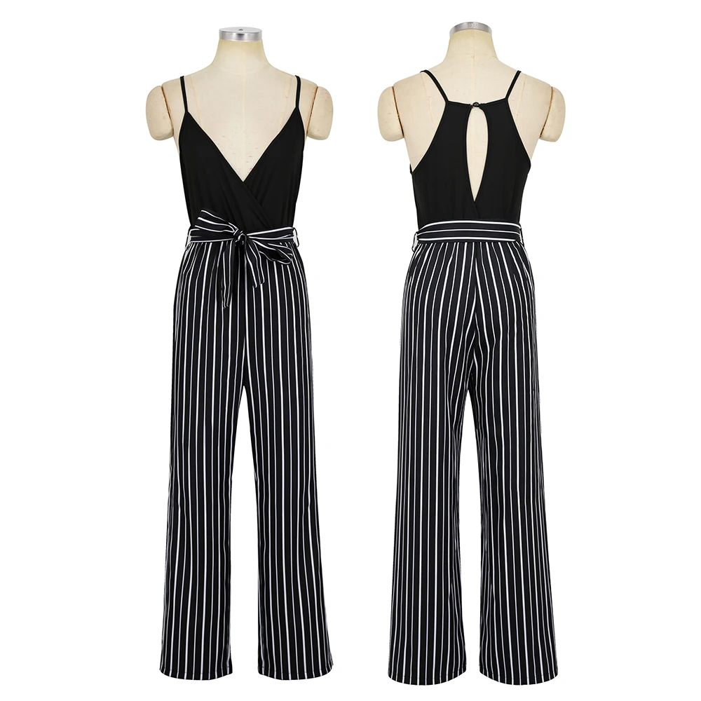 

Selling 2018 New Women's jumpsuit V collar Stripe splicing Casual Rompers Summer Female Sling Jumpsuits Trousers A2311