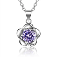 cute flower pendants necklace for women party jewelry trendy purple crystal female accessories fashion silver plated necklace