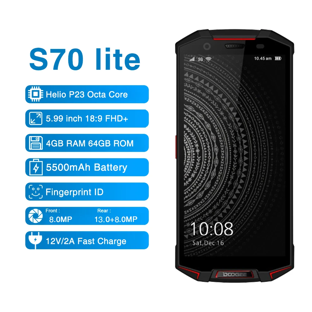 DOOGEE S70 Lite смартфон IP68 Водонепроницаемый Helio P23 Octa Core 4 GB 64 Android 8 1 13.0MP двойной Камера 5