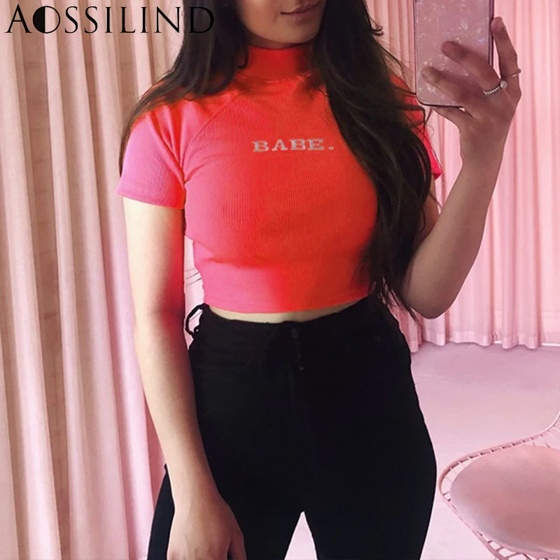 Женский короткий топ AOSSILIND BABE летняя повседневная футболка с коротким рукавом и