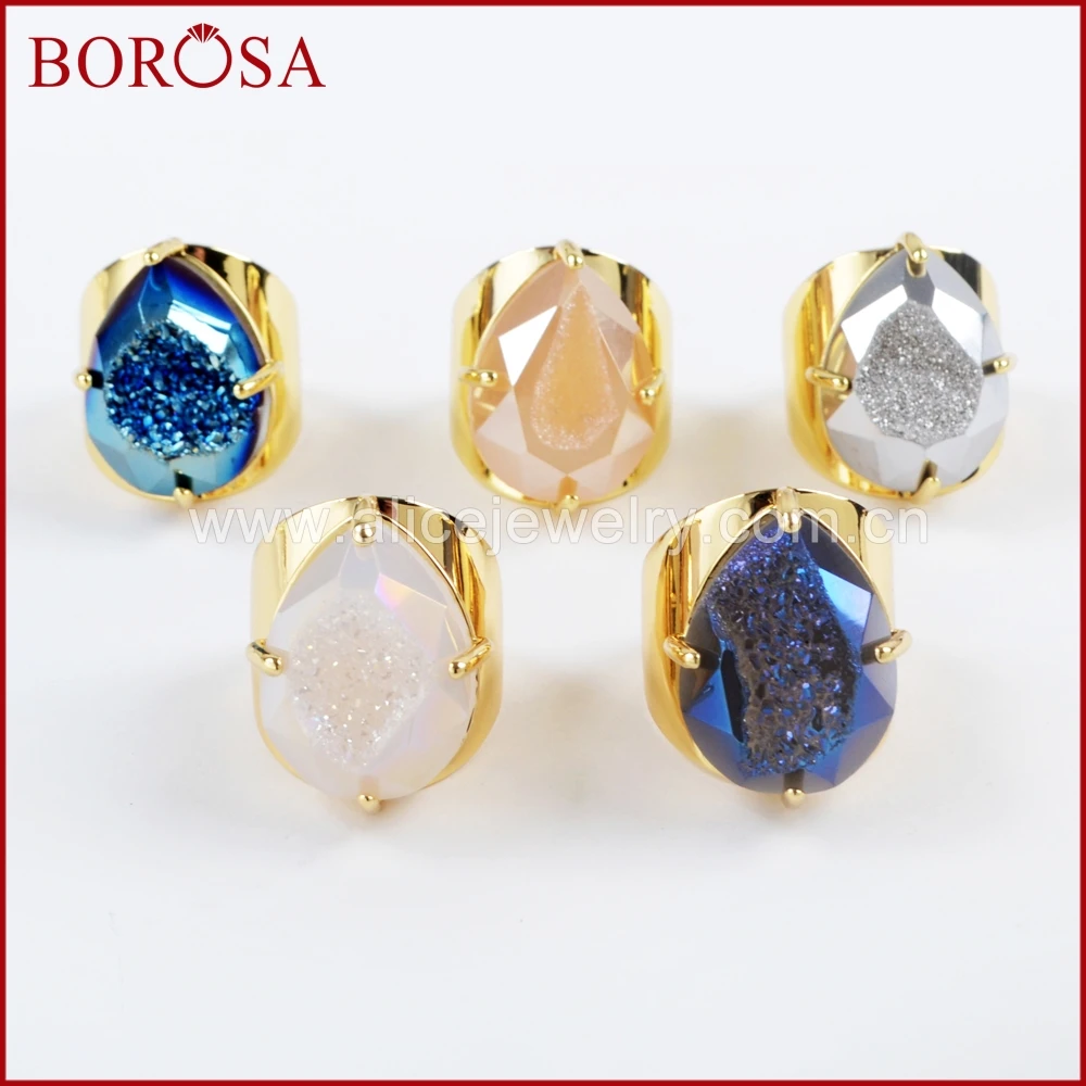 BOROSA 5 шт. каплевидный золотой цвет коготь Радужный Титан Druzy граненое кольцо, смешанные Drusy битые кольца ювелирные изделия для женщин ZG0310