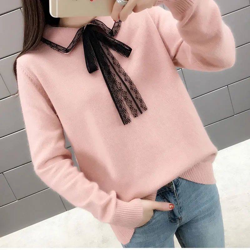 6 цветов 2019 весна женский милый свитер бант кружева галстук лацкан свободный