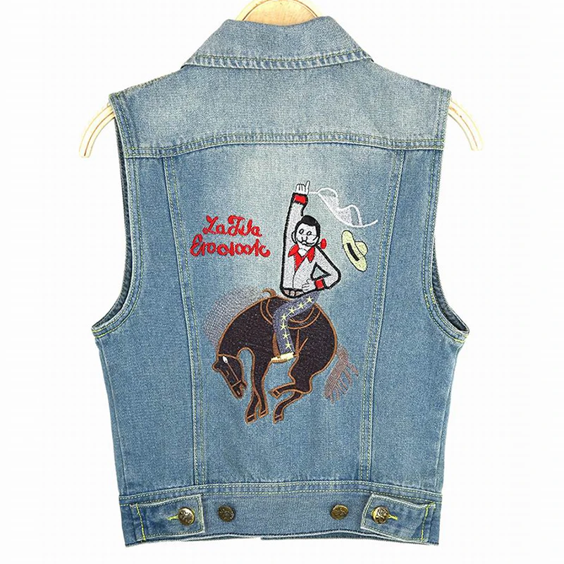 2018 New Spring Summer Women's Jackets Cotton Vest Sleeveless Denim Solid Casual Vintage Blue Embroidery Waistcoat Size S-L | Женская