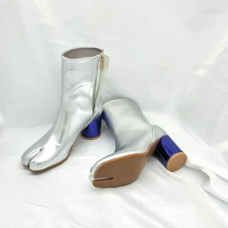 2019 Split Toe Ankle Boots Woman Black Red White Cow Leather Chunky High Heels Fashion Short | Обувь