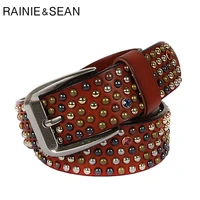 rainie sean real leather belt men rivet pin buckle belts brown italian genuine leather cowhide diamond high quality male belt