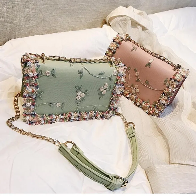 

Pearl Fashion Women Chain Messenger Bag Flower Handbag Ladies Girl Crossbody Bags Bead Florals Flap Bag Woman Purse Green