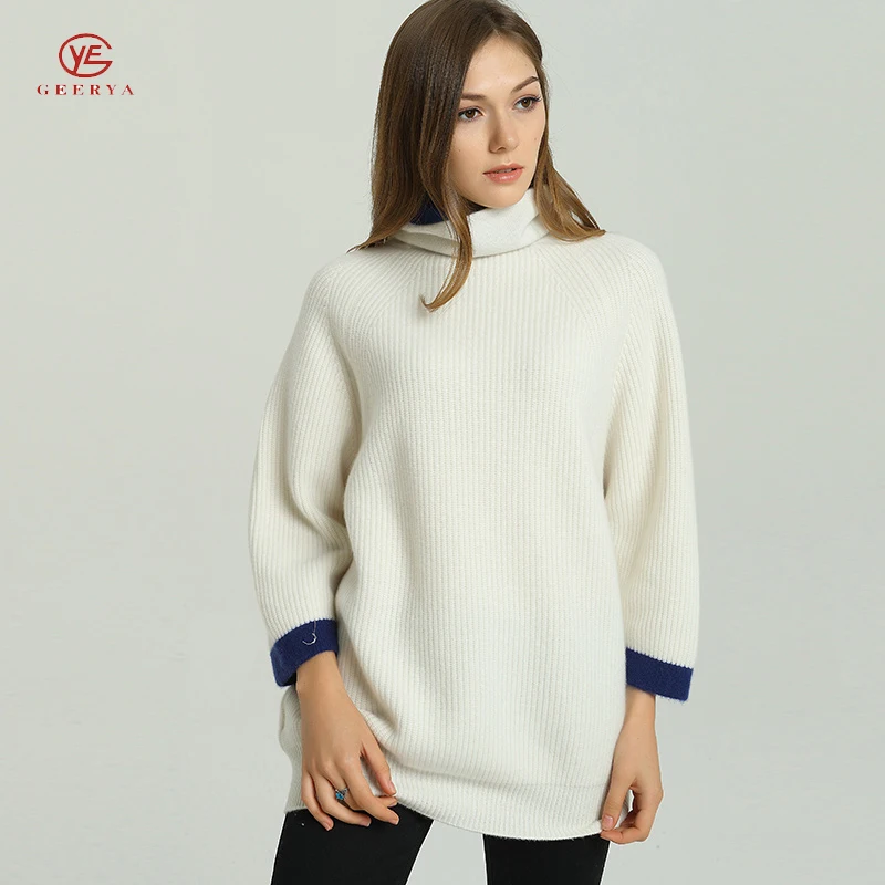 Geerya Casual Long Knitted Sweater Autumn Korean Women Turtleneck Loose Solid Color Lantern Sleeve Female Jacket Beige | Женская одежда