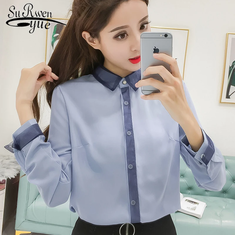 2020 long sleeves women blouses shirts autumn chiffon shirt female clothes blue and white women's tops solid OL blusas 0889 40 | Женская