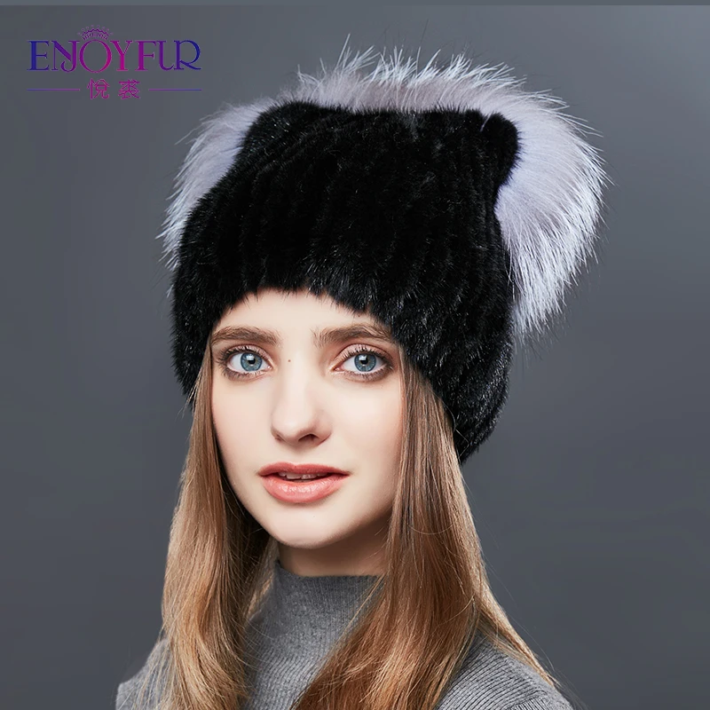 ENJOYFUR/Модная шапка из меха норки с кошачьими ушками женские меховые зимние шапки