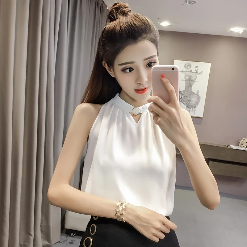 Женская шифоновая блузка без рукавов красная белая черная ажурная весна-лето 2019 |