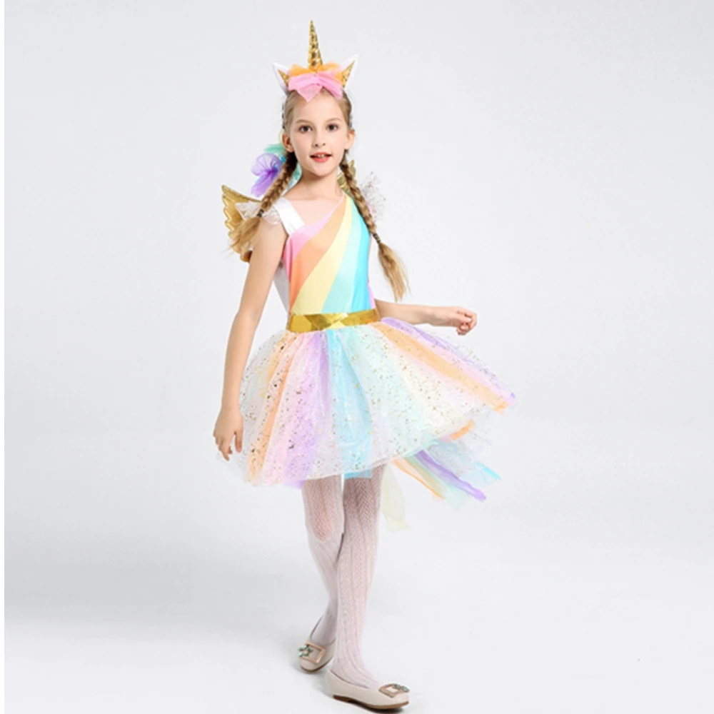 FINDPITAYA Girl Unicorn Dress Kids Flying Sleeve Rainbow Party Dancing Tutu Girls Christmas Pageant Tulle Cosplay Costume | Тематическая