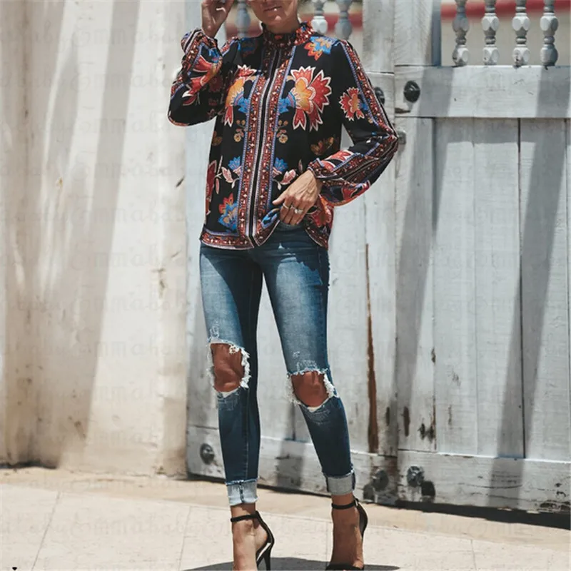 hirigin 2018 Women's vintage floral Printed blouse Lady Casual Loose Long Sleeve Blouses Shirt Tops fashoin women Blouse | Женская