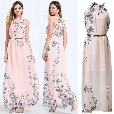 Женское длинное платье с принтом розовое макси в стиле бохо новинка 2017|summer chiffon