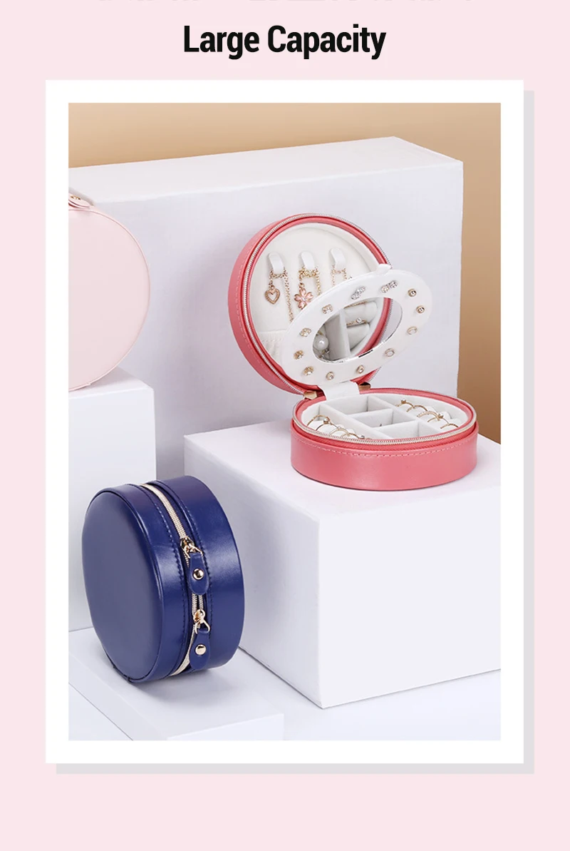 Portable Round Jewelry Box Travel Zipper PU Leather Jewellery Packaging Display Organizer Gift Box Earring Storage Carrying Case