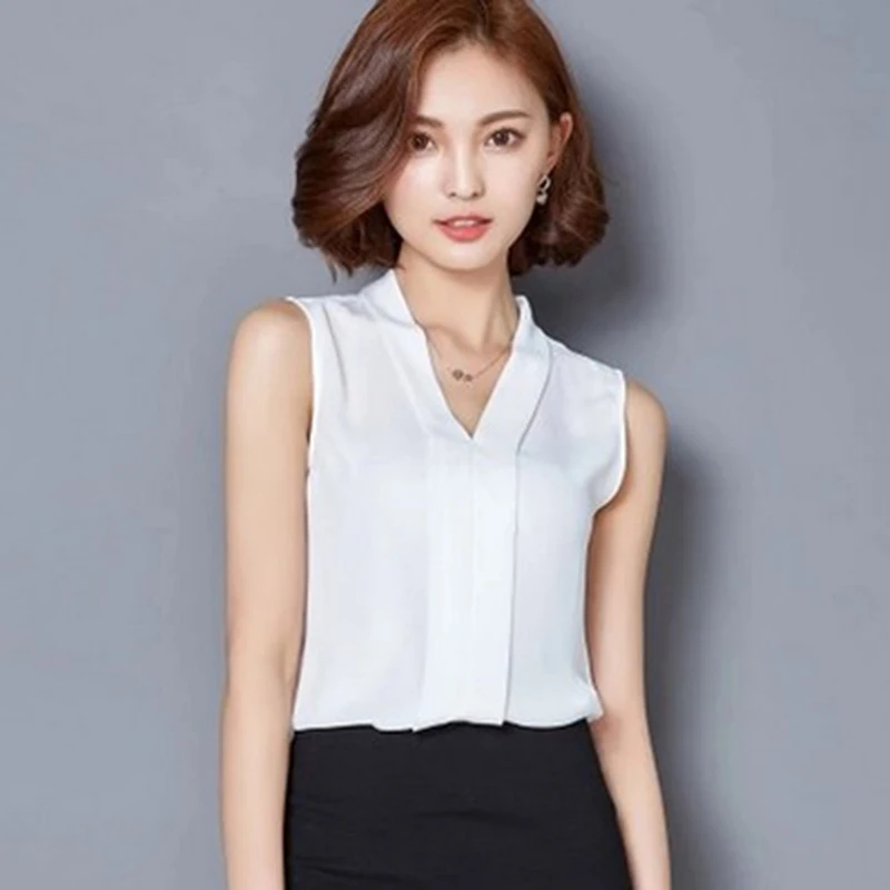 Женская шифоновая блузка белая без рукавов в офисном стиле летний сезон 2018 года