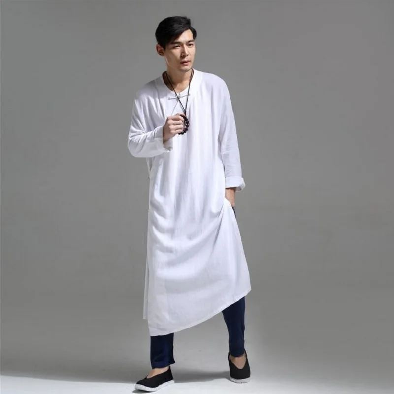 

Men's Medium-long Shirt Linen Loose Irregular Outwear Casual Chinese Style Retro Male Shirt Spring and Summer SY0002