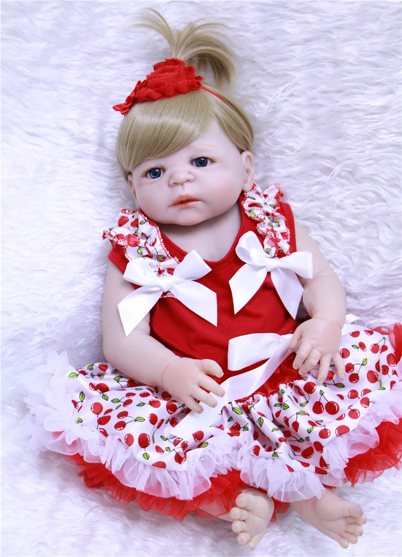 

wholesale 55cm Bebe Reborn Girl Dolls Silicone Bonecas and red dress alive Newborn baby dolls vinyl bath toy for sale children
