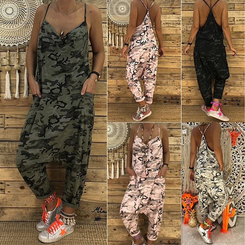 Летние женские сексуальные комбинезоны с камуфляжным принтом на бретельках