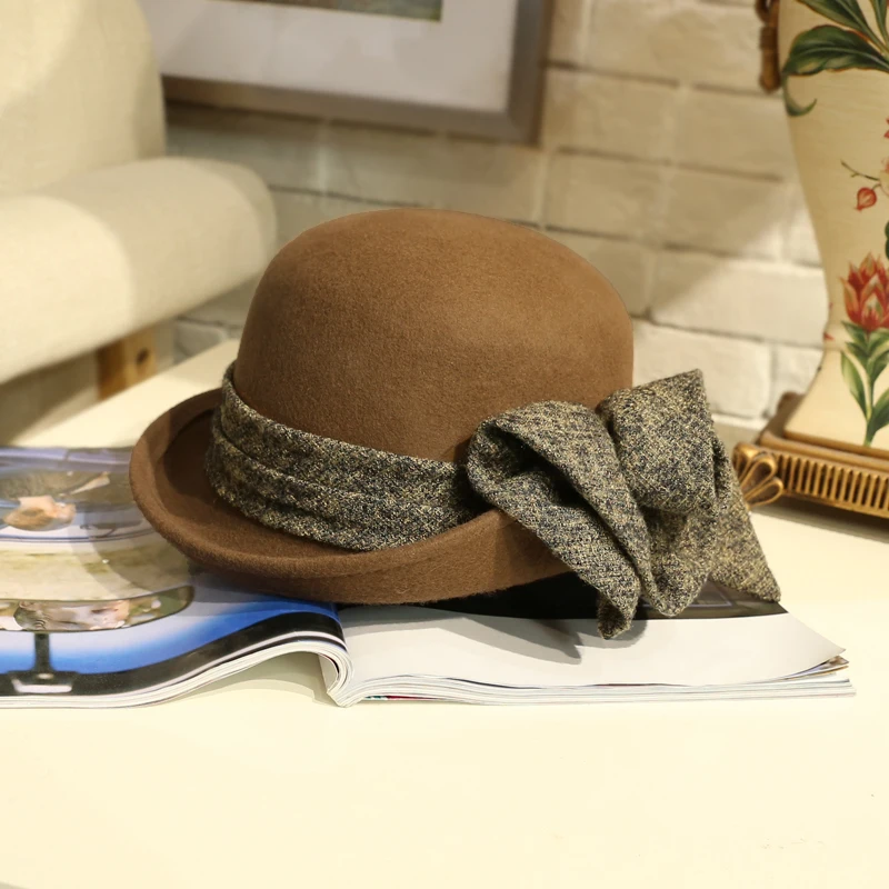Новое поступление, модная шерстяная шляпа, женская, Британская, Шляпа Fedora, Студенческая, элегантная, с цветочным узором, теплая шапка с банто... от AliExpress WW