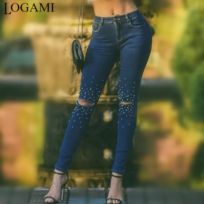 

Женские рваные джинсы с высокой талией LOGAMI, темно-синие эластичные джинсы с бусинами, джинсы для женщин