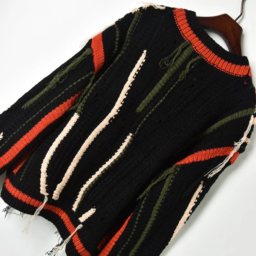2018 Lazy Style Striped Fall Sweaters Women Hit Color Hollow Out Tassel V-neck Single Breasted Winter Cardigans Knit Sweater |