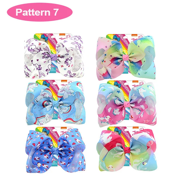 Pattern7 8 дюймовые большие Jojo заколки для волос для девочек, банты с металлическими и карточными блестками, Радужный Единорог, рог, бант-узел, 27 стилей, Jumbo Jo Ленточные банты - Цвет: Pattern7