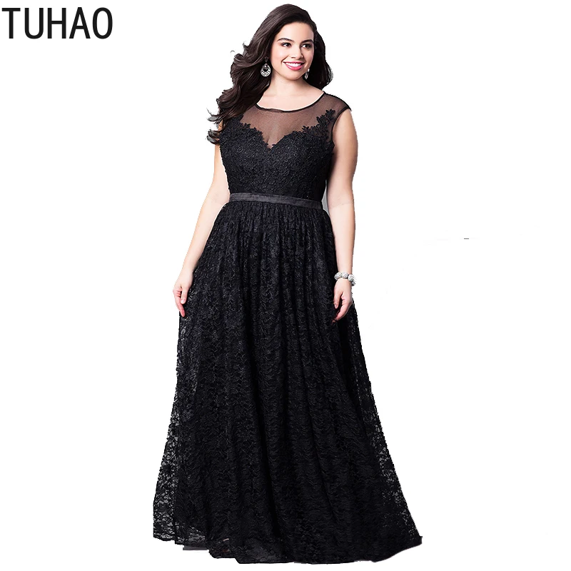 TUHAO размера плюс 5XL 4XL 3XL Сексуальное черное кружевное вечернее длинное платье для