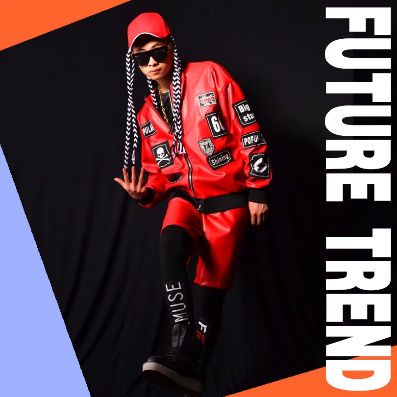 Мужская модная уличная куртка в стиле хип хоп красная кожаная пэтчворк