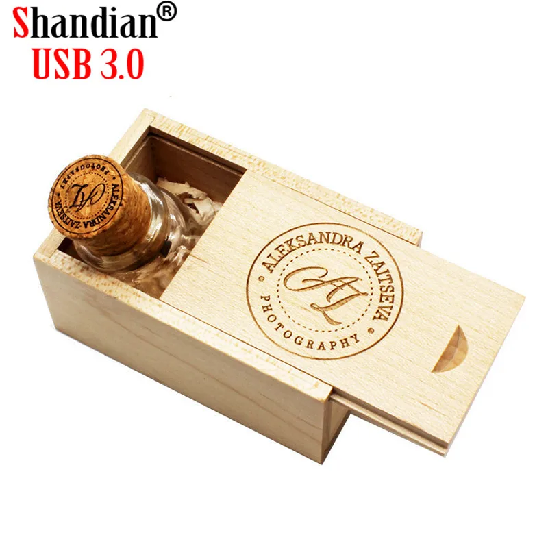 SHANDIAN USB 3,0 дрейфующий флакон usb с деревянной коробкой USB флеш-накопитель бутылка желаний пробковая Флешка 4 ГБ 16 ГБ 32 ГБ 64 г свадебный подарок