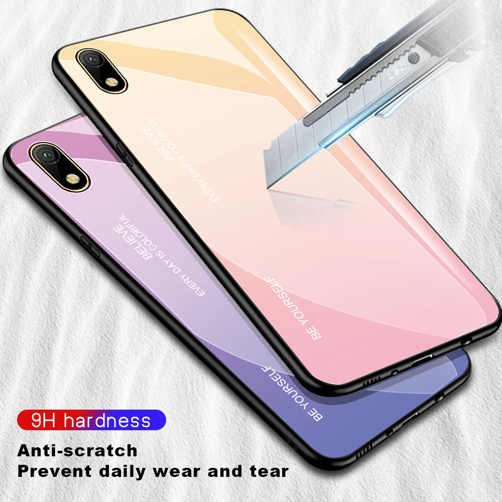 Чехол для Honor 8 S Жесткий из закаленного стекла с градиентом ТПУ силиконовая рамка