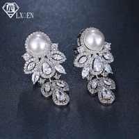 lxoen bohemian luxury round simulated pearl earrings with silver color leaf zircon wedding earings for women jewelry gift brinco