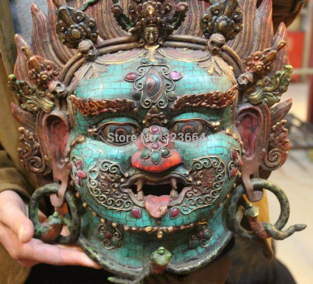 16 &quotТибетский буддизм бронзовый бирюзовый маскарадная статуя маска для