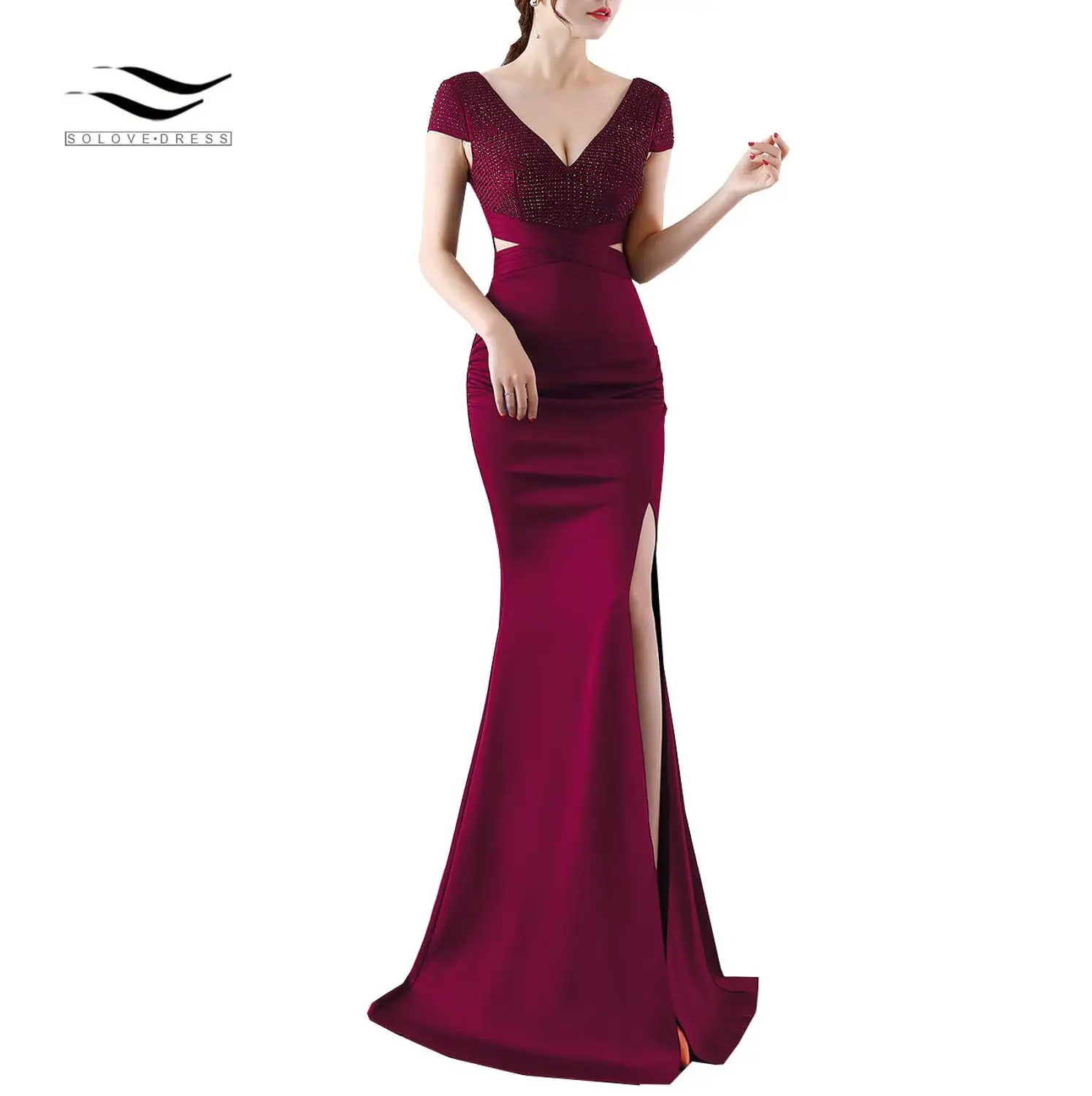 Solovedress вечернее платье Русалка бисером с разрезом вырезами на ноге официальное