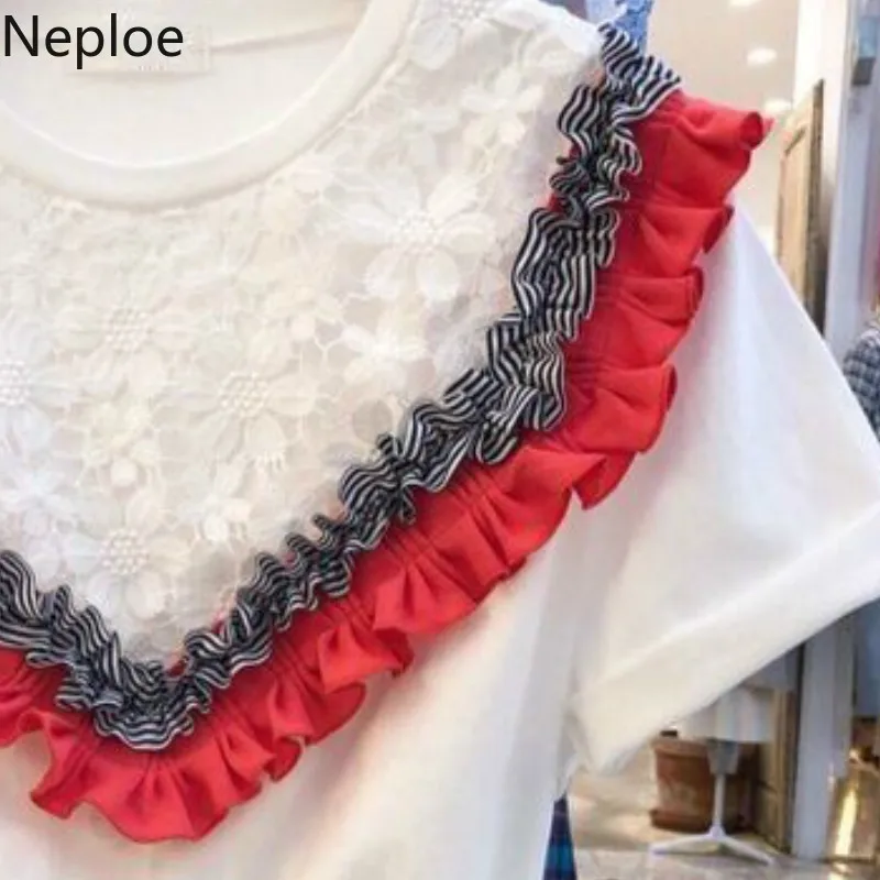 Neploe/кружевные лоскутные женские футболки с круглым вырезом и коротким рукавом