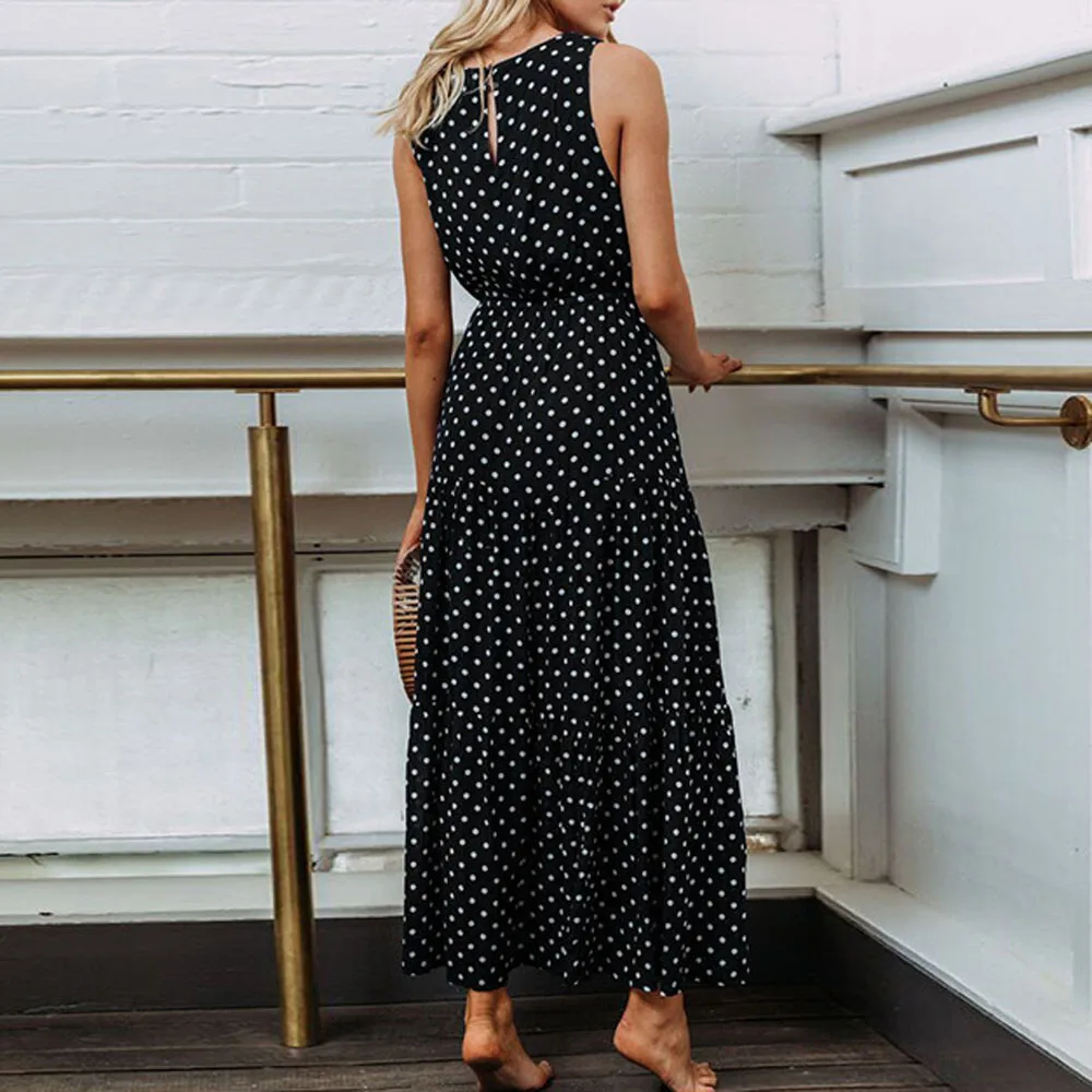 Богемное летнее платье 2019 женское богемное вечернее вечерние в горошек с круглым
