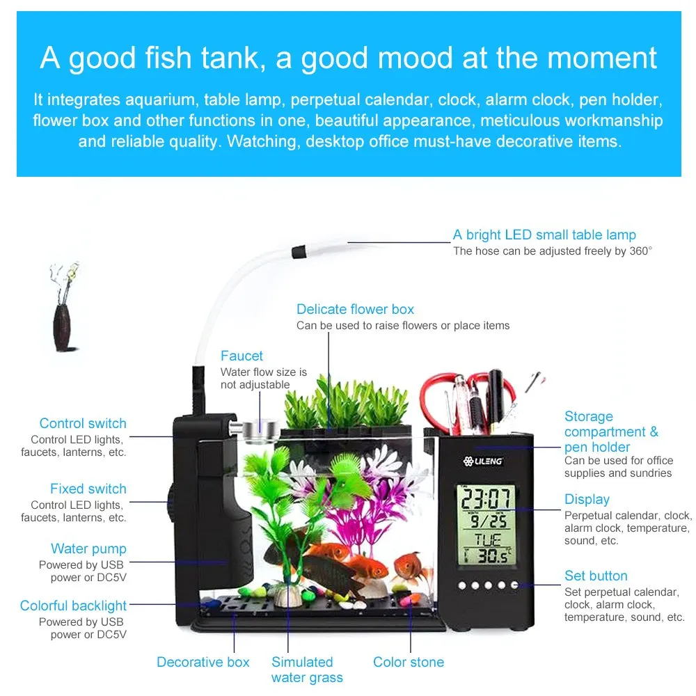 Мини-пластиковый аквариум для аквариумов светодиодный USB Betta аквариумные рыбки с держателем для ручки ЖК-дисплей экран и часы