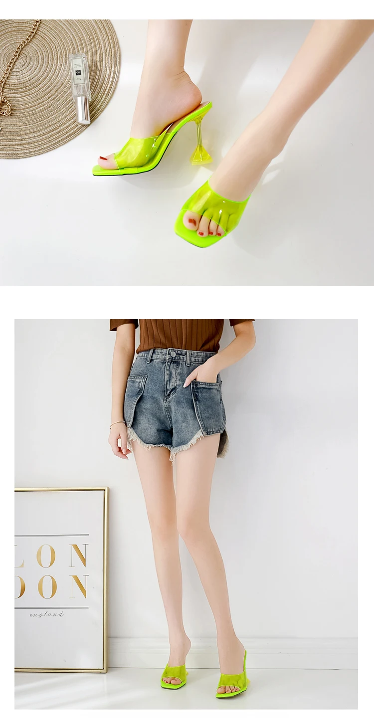 Aneikeh New PVC Transparent Women Slippers Open Toe Thin High Heel Women's Shoes Square Toe Silver Fluorescent Yellow 35-40