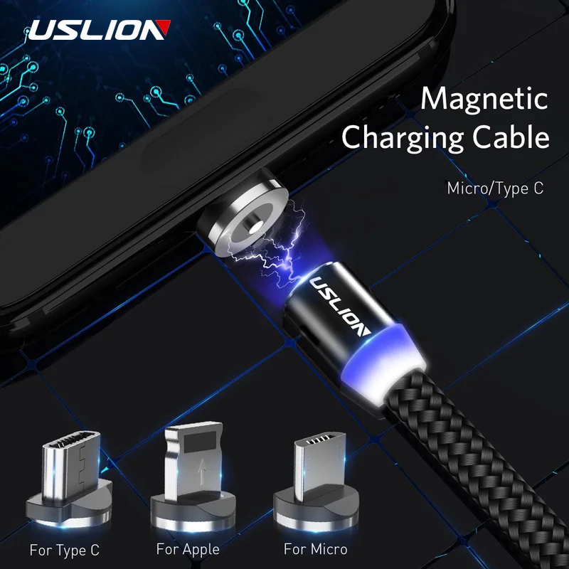 USLION 1 м светодиодный магнитный кабель и Micro USB Type C Магнитный зарядный для Samsung S10 iPhone Xs Max XR X 8 7 6 Plus|Кабели