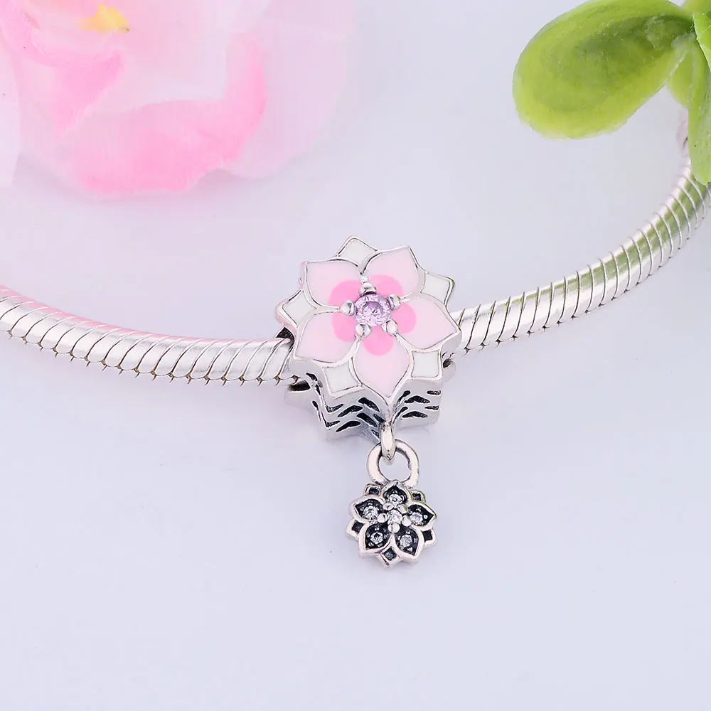 DIY подходит для оригинала Pandora очаровательный браслет 925 пробы серебро цветение Шарм-бусины в виде цветка с эмалью для изготовления ювелирных изделий berloque