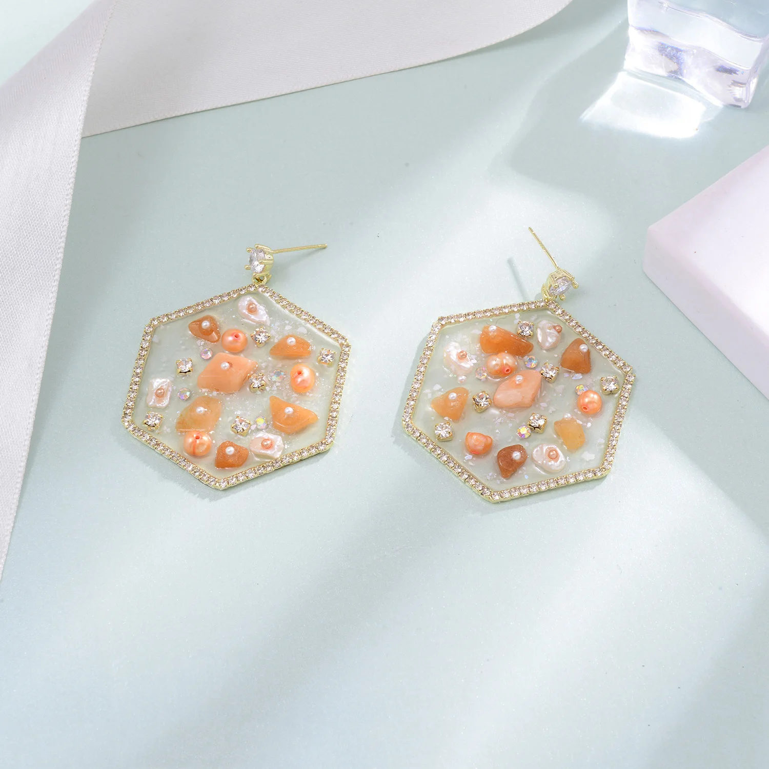 Hexagon Orange Stone Drop Earrings For Women New Copper Crystal Pearl Earring Fashion Jewelry pendientes mujer 2020 D20 | Украшения и