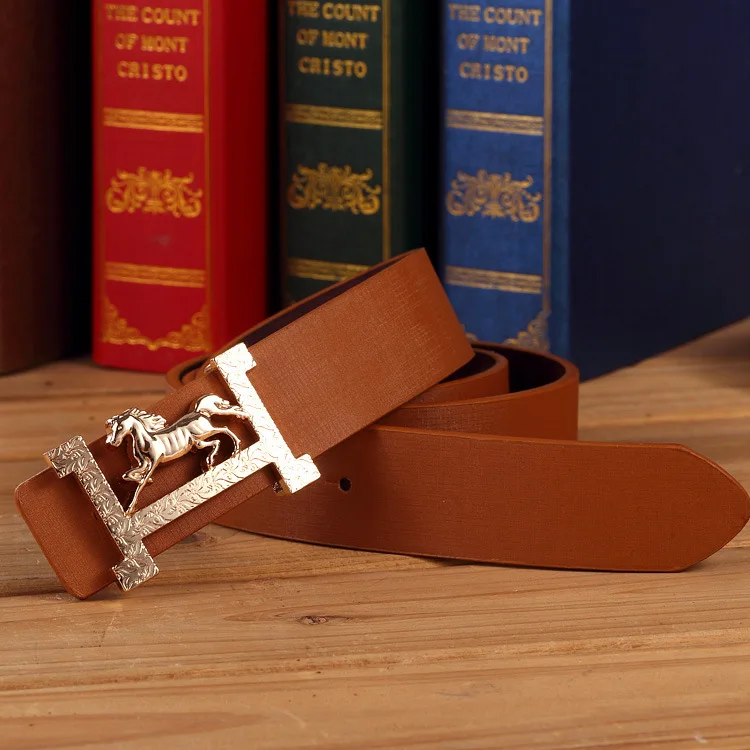 Mens Gold Horse Belt Buckle Genuine Leather Wristband Man men's casual leather belt male All-match ladies fashion belts latest |