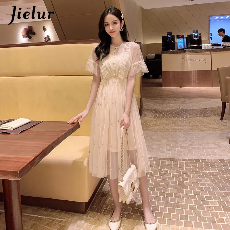 apricot Jielur платье с оборками, 2 шт., летнее женское сексуальное элегантное Сетчатое платье с круглым вырезом и блестками, с коротким рукавом, ТРАПЕЦИЕВИДНОЕ, корейское, тонкое, Vestidos - Цвет: apricot