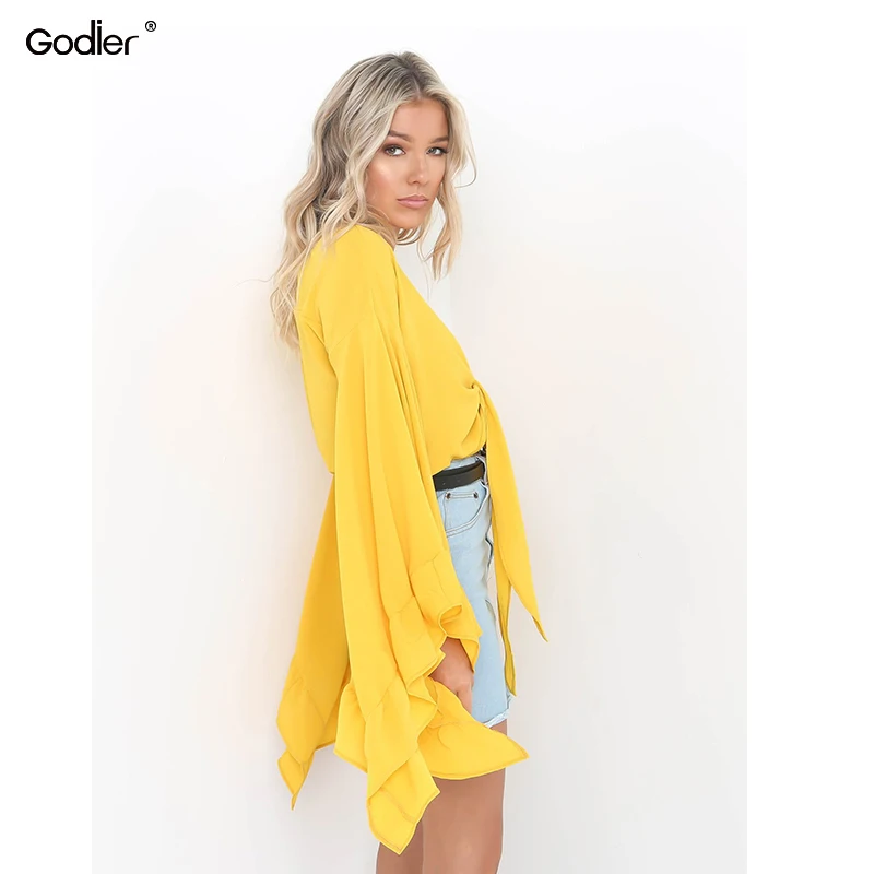 Godier 2018 новая сексуальная женская летняя блузка с большим Расклешенным рукавом