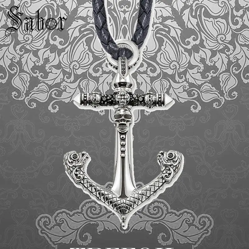 Кожаный канат большое ожерелье череп Якорь Мода 925 стерлингового серебра