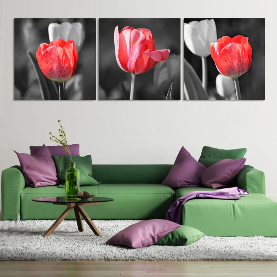 3 Panel Hot Sell Modern Wall Painting Home Decorative Art Picture Print on Canvas Prints Red and gray tulip flowers no frame | Дом и сад