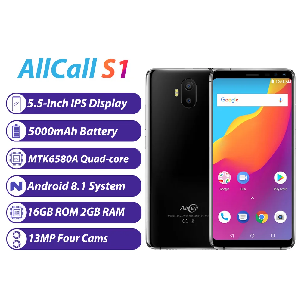 AllCall S1 5000 мАч смартфон 3G 5 &quotAndroid 8 1 mt6580 четыре ядра 2 ГБ + 16 13MP 2MP двойная задняя Cam