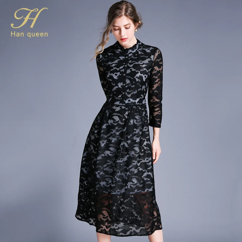 BLACK H Han queen открытое жаккардовое кружевное платье для женщин, летние винтажные тонкие сексуальные вечерние платья на каждый день размера плюс, а-силуэт, офисные платья - Цвет: BLACK