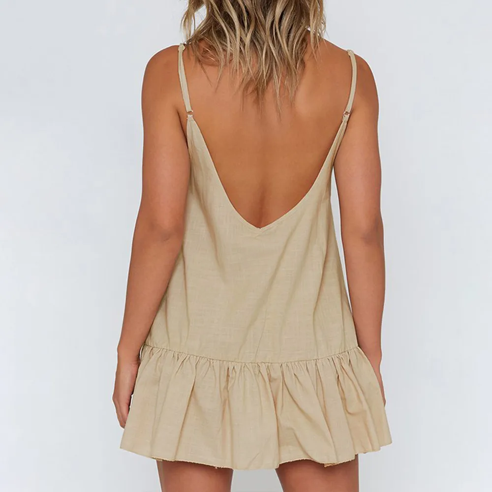 Повседневное свободное женское мини-платье однотонное без рукавов с открытыми